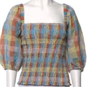Ganni plaid top with smocking